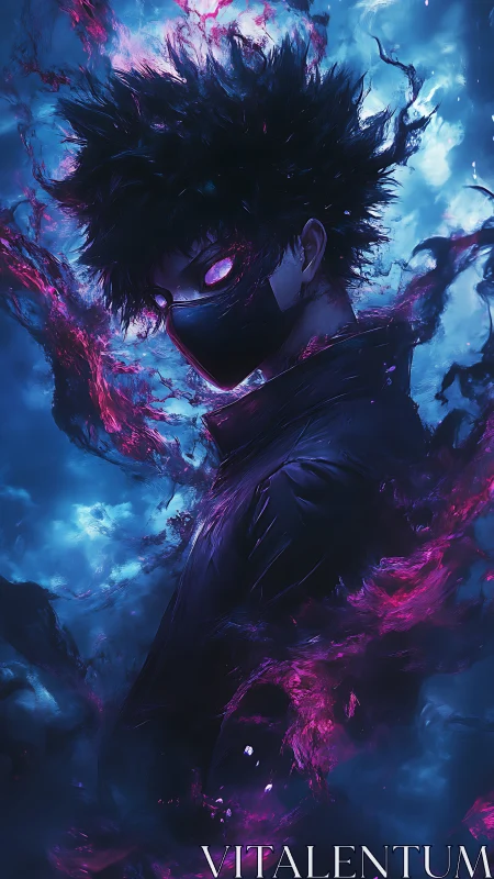 Midnight masked sorcerer wrapped in electric nebula shadows.