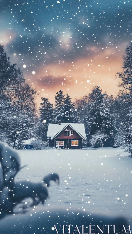 Snowfall crowns a lone winter cottage with quiet warmth