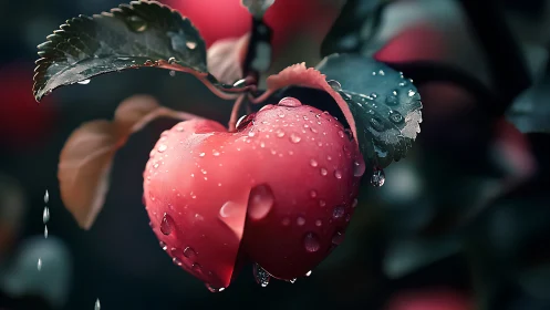 Rain-soaked heartfruit hanging in a moody twilight orchard.
