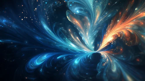 Symmetrical blue and orange fractal light flow composition.