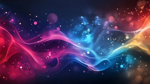 Colorful light waves flow through glowing particle field