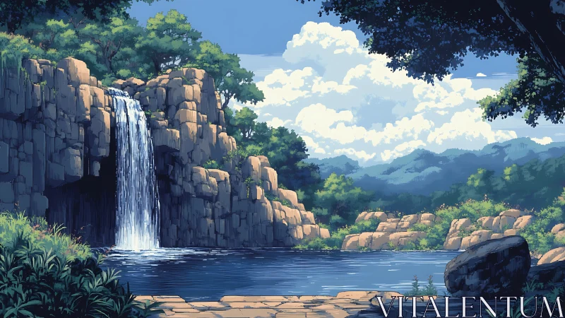 Digital painting landscape with tiered waterfall and forest basin.