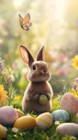 Curious spring bunny cradles a painted Easter egg peacefully.