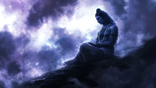 Meditative blue deity seated on rocky ledge in stormy light.