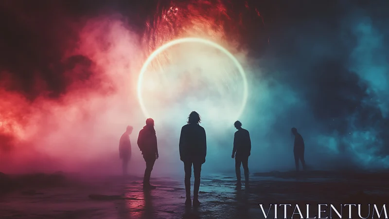 Silhouetted figures stand before glowing circular portal.