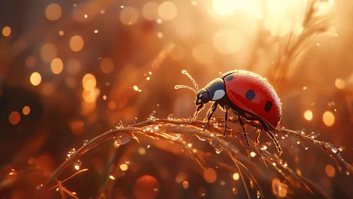 Ladybug on dewy grass in warm golden backlighting.