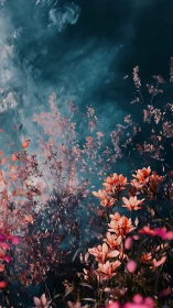 Warm-Toned Wildflower Field Under Deep Teal Atmospheric Haze