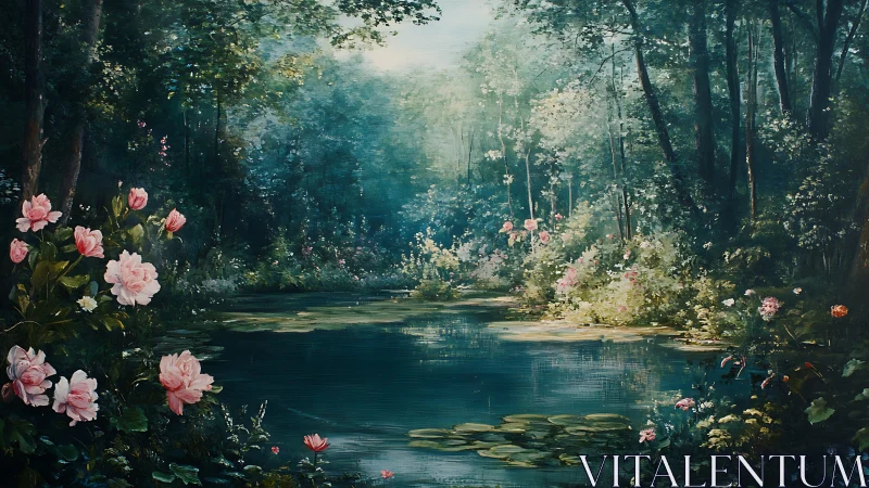 Floral pond within dense woodland under soft daylight.