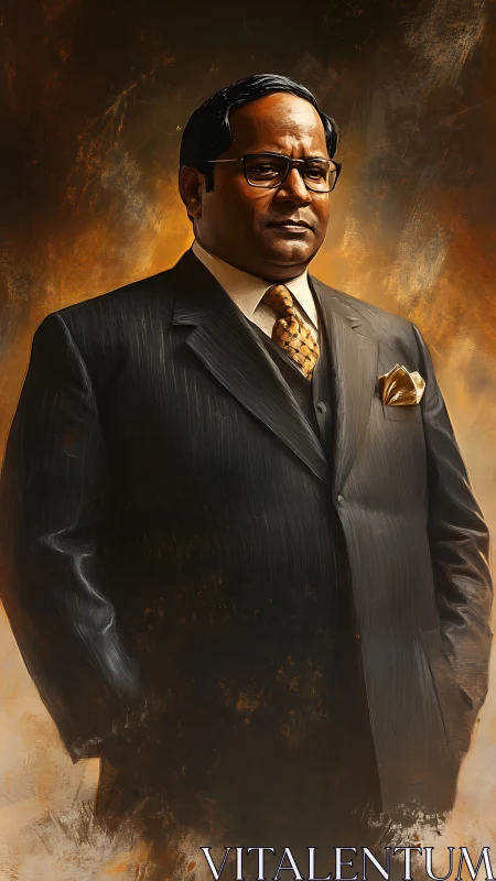 Stoic businessman stands in tailored suit against ochre glow