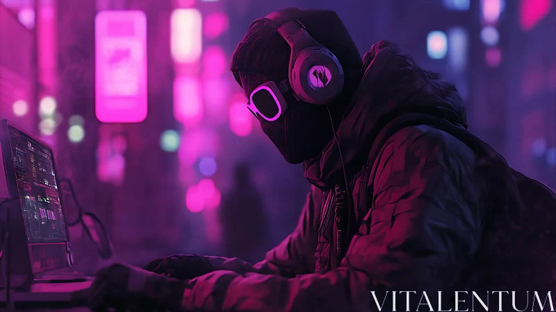 Hooded cyberpunk operator codes under neon magenta glow
