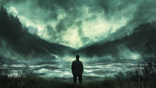 Storm-watcher at the emerald lake of restless horizons.
