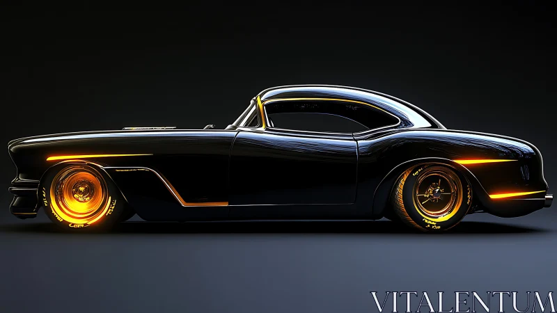 Sleek retro coupe with neon-orange glow on dark stage.