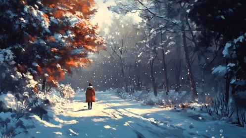 Solitary Figure Winter Forest Path Snow.