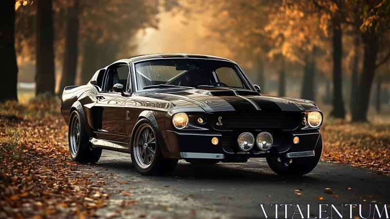 Classic fastback coupe is parked on a leaf-covered forest road