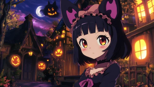 Moonlit cat-eared witchling among glowing pumpkin grins.