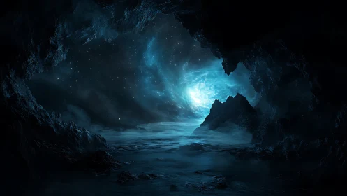 Cave opening framing distant luminous ocean horizon.