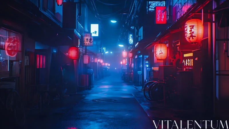 Lantern lit alley glowing in misty neon midnight calm.