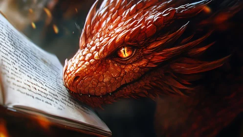 Fiery red dragon studying an open ancient book closely.