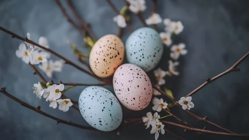 Pastel speckled eggs trade secrets with shy spring blossoms