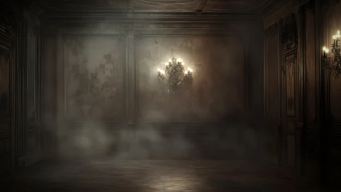 Dim chandelier glows through dust in abandoned ballroom