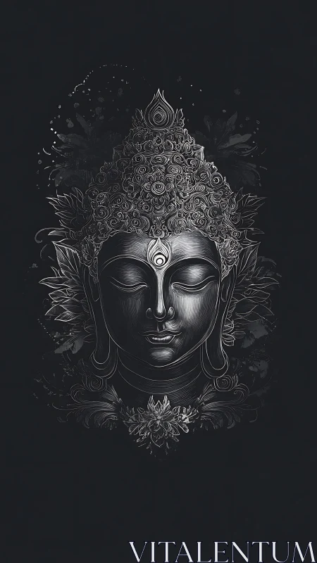 Silver serenity blooms in ornate Buddha linework portrait.