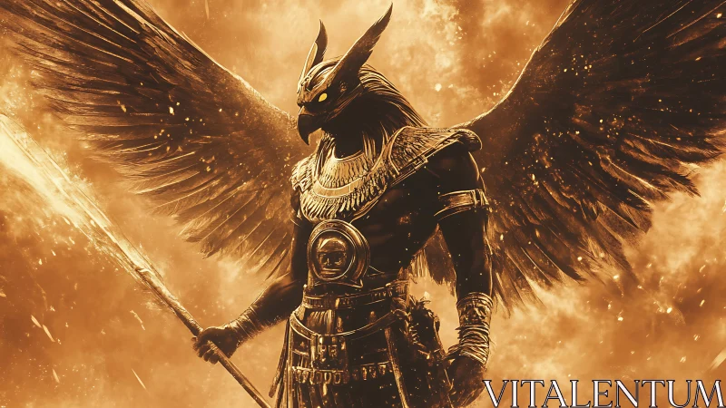 Winged Egyptian hawk warrior god in fiery golden sky.