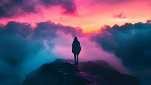 Silhouette stands on misty ridge under neon pink clouds.