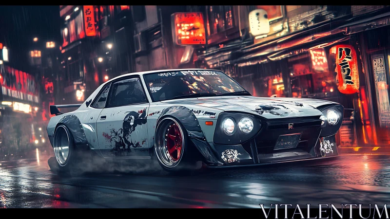 Widebody drift coupe cuts through neon-lit rainy street scene.