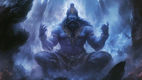 Mystic blue titan in tranquil stormlit meditation.