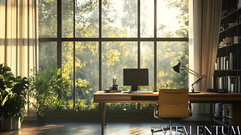 Sunlit minimalist workspace with large glazing and biophilic layout