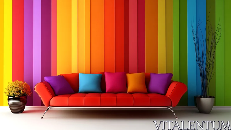 Colorful sofa welcomes playful stripes in a joyful living room