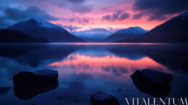 Snow covered mountains reflect in still lake at dusk