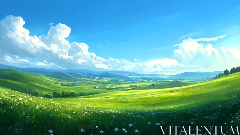 Extensive green valley under scattered cumulus cloud formations.