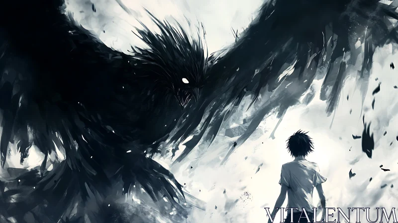 Human figure facing large shadowed avian entity in void