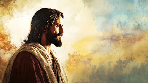 Sunlit profile of a robed teacher walks into painted dawn