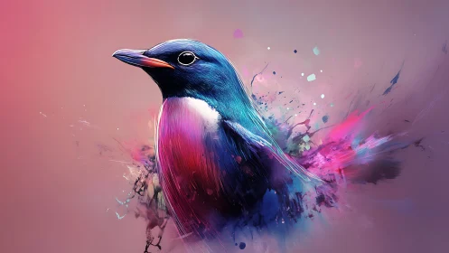 Colorful digital bird portrait with abstract paint bursts.