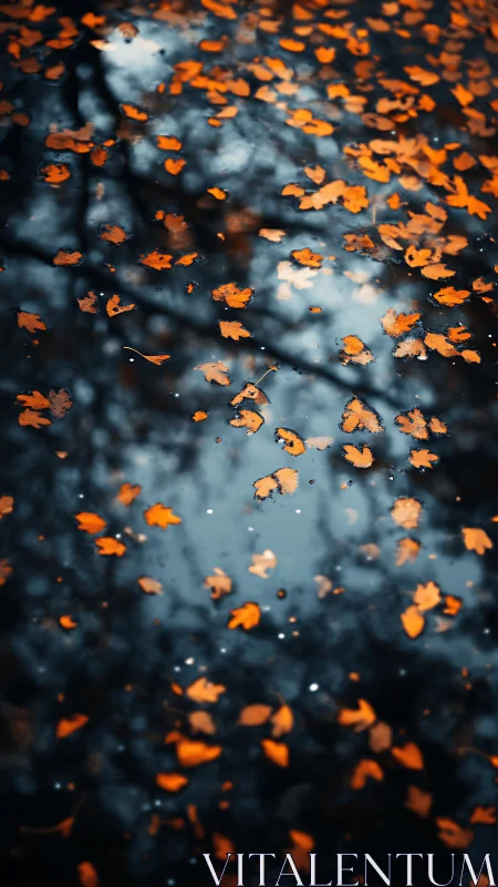 Autumn leaves drifting over dark reflective water surface.