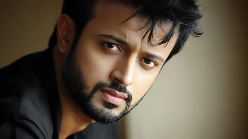 Moody close-up portrait with soulful gaze and soft glow.