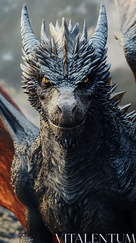 Cinder‑eyed dragon grinning through stormlit ember haze.