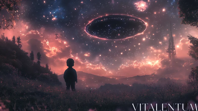 Stargazing child stands beneath a glowing cosmic portal sky