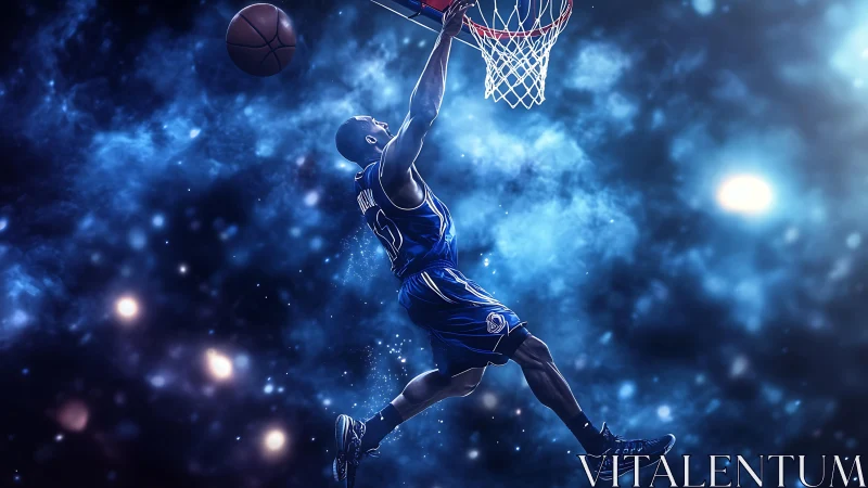 Basketball player dunks ball against glowing cosmic background