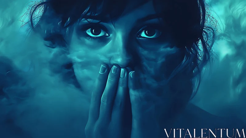 Blue-toned digital portrait of startled woman in swirling smoke