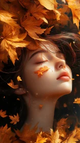 Dreamy autumn portrait wrapped in golden falling leaves.