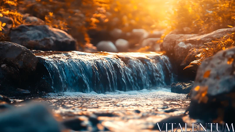 Golden hour stream cascades gently through mossy rocks