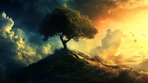 Solitary hilltop tree glowing between night and sunrise.