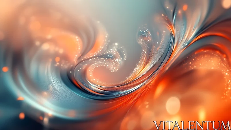 Swirling orange teal light ribbons with sparkling particles.