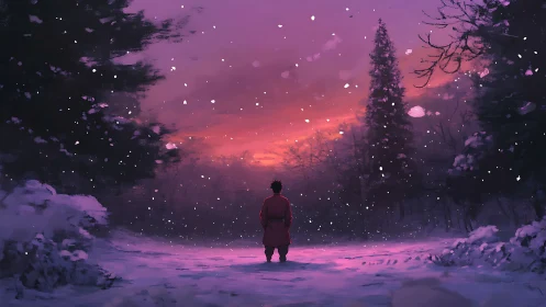 Solitary figure in violet snowfield under luminous winter sky.