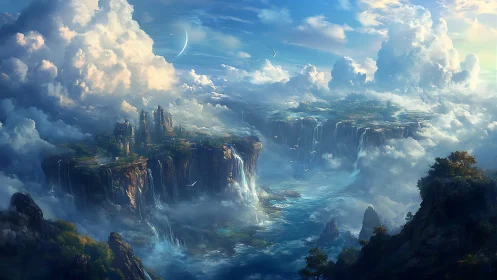 Floating Columnar Plateaus with Cascading Waterfalls. Epic Fantasy Landscape.