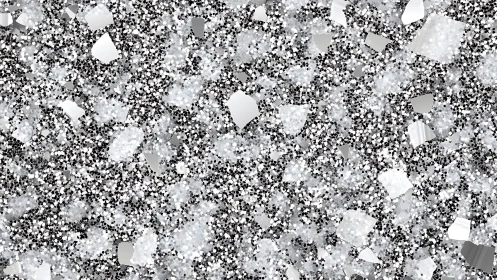 Monochrome granular surface with scattered reflective shapes.