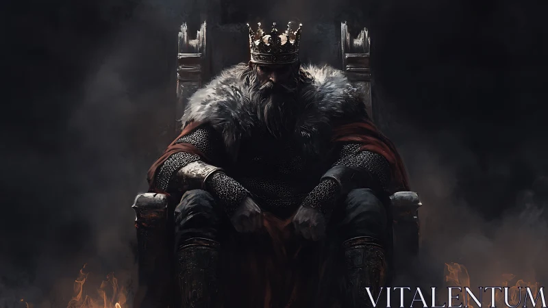 Brooding warrior king on a scorched throne in shadowed hall.